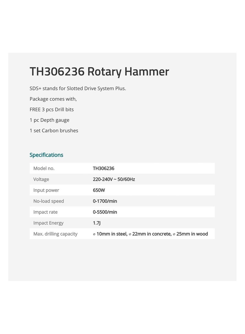TOTAL Rotary Hammer 650W TH306236 - Image 4