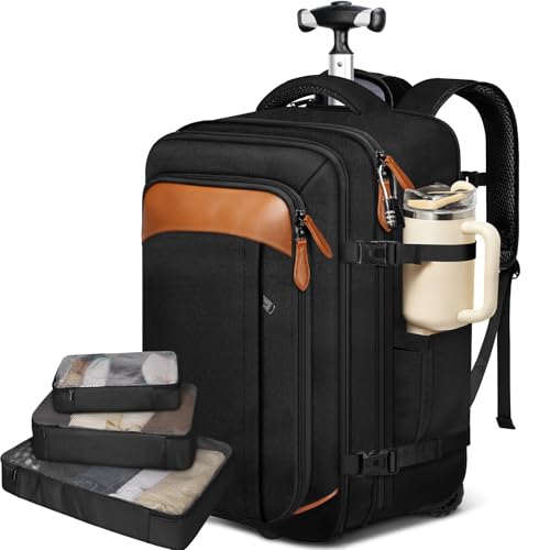Vancropak Travel Backpack with Wheels, 17 inch Carry On Flight Approved Wheeled Laptop Backpack with 3 Packing Cubes, Expandable Water Resistant Lightweight Roller Backpack for Business, Black Brown - Image 1