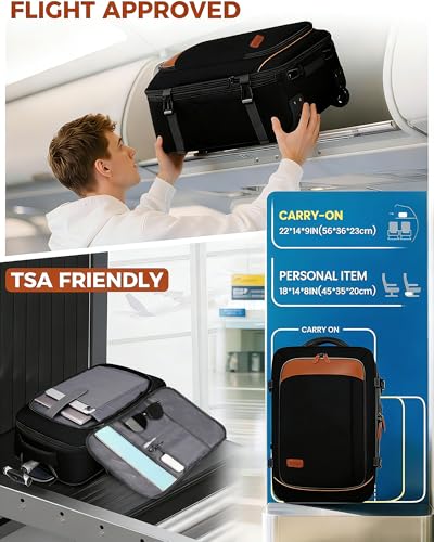 Vancropak Travel Backpack with Wheels, 17 inch Carry On Flight Approved Wheeled Laptop Backpack with 3 Packing Cubes, Expandable Water Resistant Lightweight Roller Backpack for Business, Black Brown - Image 3