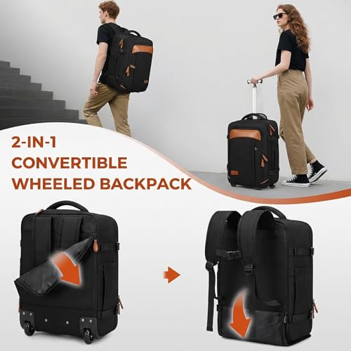 Vancropak Travel Backpack with Wheels, 17 inch Carry On Flight Approved Wheeled Laptop Backpack with 3 Packing Cubes, Expandable Water Resistant Lightweight Roller Backpack for Business, Black Brown - Image 5
