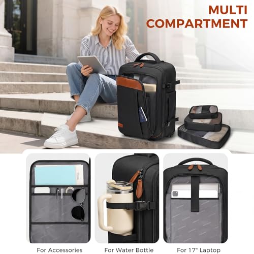 Vancropak Travel Backpack with Wheels, 17 inch Carry On Flight Approved Wheeled Laptop Backpack with 3 Packing Cubes, Expandable Water Resistant Lightweight Roller Backpack for Business, Black Brown - Image 2