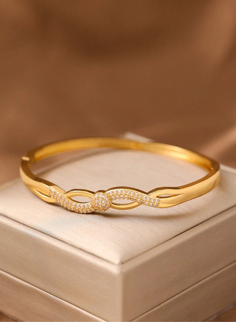 Women's Bracelets – A set of 3 gold-plated bangles adorned with sparkling zircon stones in a twisted design. Perfect for weddings, engagements, graduation gifts, Mother's Day, Valentine's Day, and all special occasions. - Image 2
