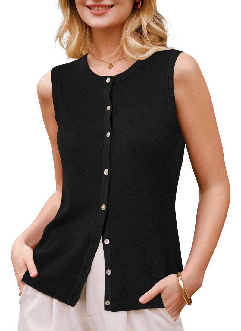 Arach&Cloz Women's Vest Tops 2026 Summer Sleeveless Sweater Knit Tank Tops Spring Capsule Wardrobe Wool Blend Crew Neck Button Down Trendy Dressy Business Casual Outfits Black L - Image 1