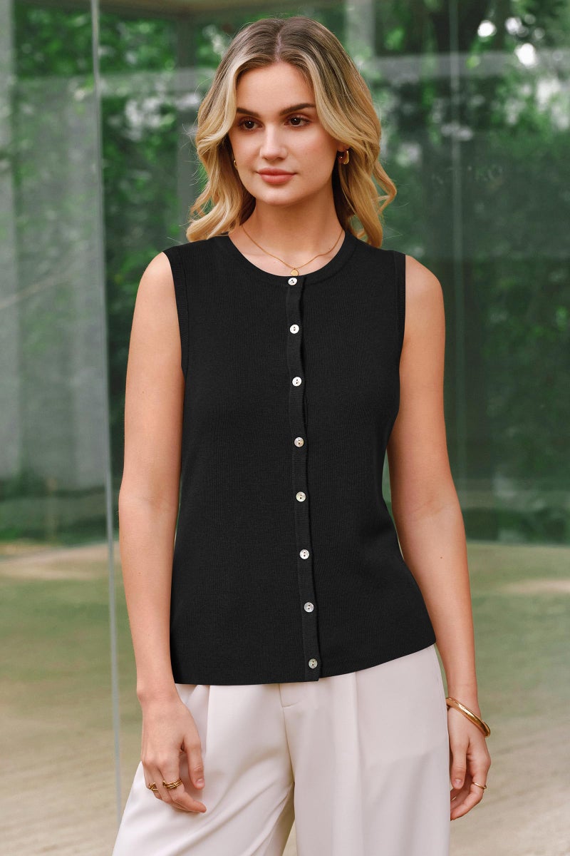 Arach&Cloz Women's Vest Tops 2026 Summer Sleeveless Sweater Knit Tank Tops Spring Capsule Wardrobe Wool Blend Crew Neck Button Down Trendy Dressy Business Casual Outfits Black L - Image 2