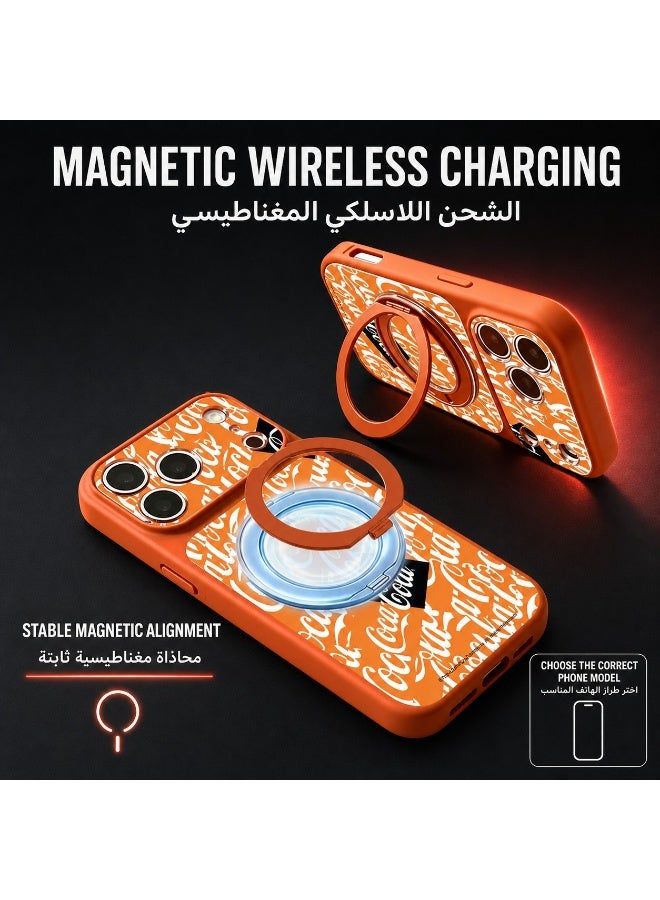 Coca-Cola iPhone 17 Pro Max Magnetic Phone Case, Matte TPU Protective Cover with Rotatable Magnetic Ring Stand, Wireless Charging Compatible, Camera Protection, Orange - Image 2