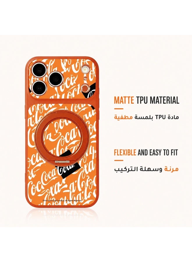 Coca-Cola iPhone 17 Pro Max Magnetic Phone Case, Matte TPU Protective Cover with Rotatable Magnetic Ring Stand, Wireless Charging Compatible, Camera Protection, Orange - Image 5