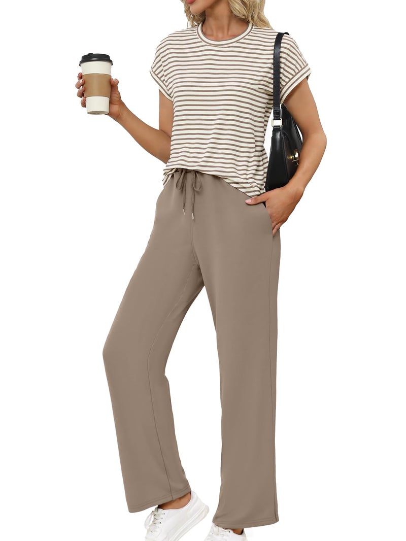 Glamaker Two Piece Sets for Women Going Out Summer Lounge Set Short Sleeve Pullover Tops Sweatpants 2025 Fashion Outfits Coffee grey L - Image 1