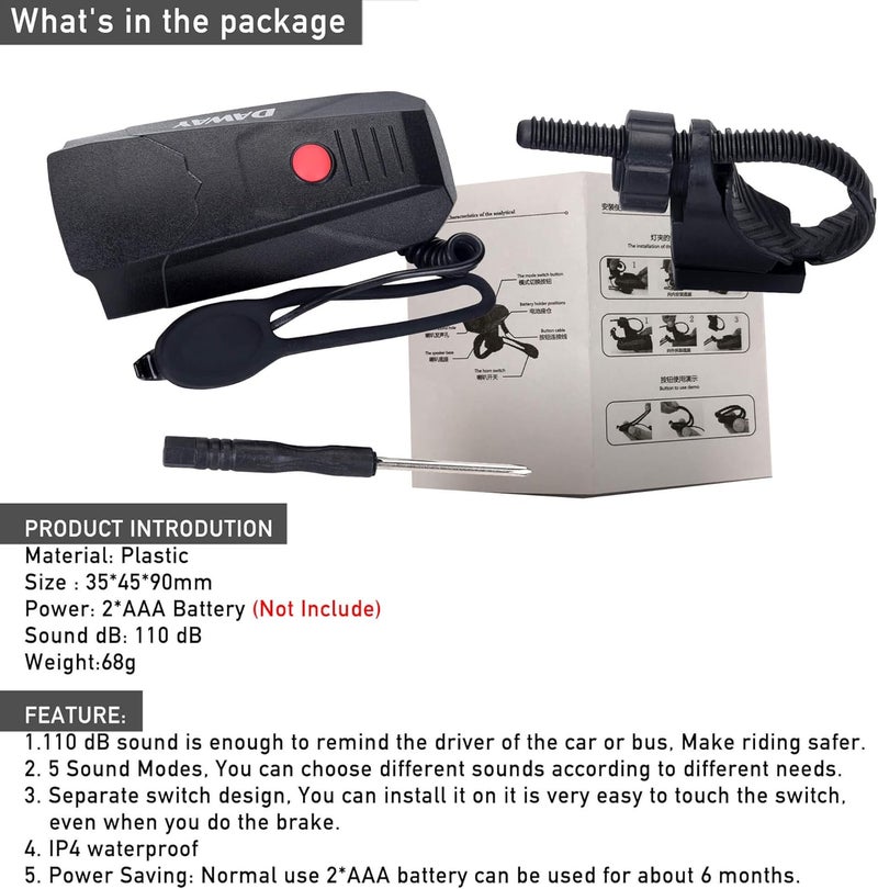 DAWAY A14 110dB Electric Bike Horn  5 Sound Modes Loud Bicycle Handlebar Alarm Bell with Free Screwdriver Ideal Gift for Kids  Adults  Safe  Easy Cycling Alert - Image 5