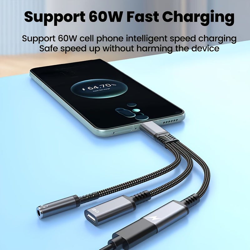 USB C To 3.5mm Headphone Adapter With Charging And Audio Jack Cable Grey Compatible With iPhone Samsung Xiaomi Vivo And Other Mobile Phones For Audio And Charging - Image 3