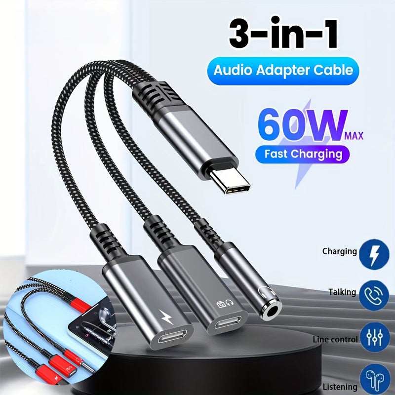 USB C To 3.5mm Headphone Adapter With Charging And Audio Jack Cable Grey Compatible With iPhone Samsung Xiaomi Vivo And Other Mobile Phones For Audio And Charging - Image 1
