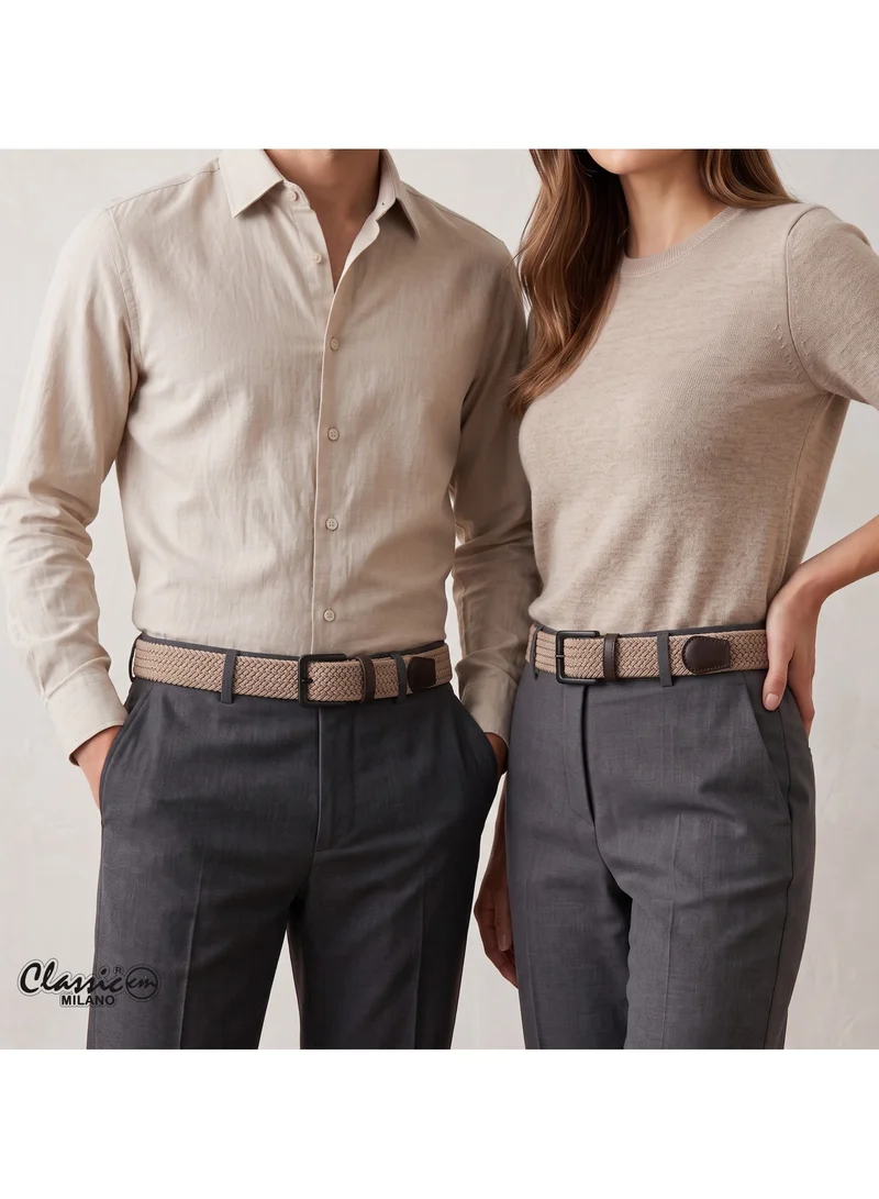 Classic Milano Beige (DWE-312) Classic Milano Braided Cotton Elastic Stretch Belt for Men & Women, Woven Canvas Web Belt with Gift Box, Adjustable Men's Belt | Full Length: 110CM (Free Size - Fits up to the waist of 40 Inches / 100 CM)  | Best Price UAE