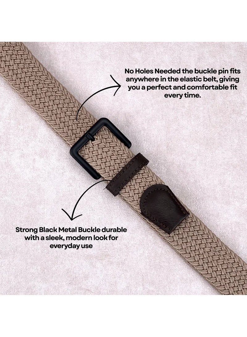 Classic Milano Beige (DWE-312) Classic Milano Braided Cotton Elastic Stretch Belt for Men & Women, Woven Canvas Web Belt with Gift Box, Adjustable Men's Belt | Full Length: 110CM (Free Size - Fits up to the waist of 40 Inches / 100 CM)  | Best Price UAE