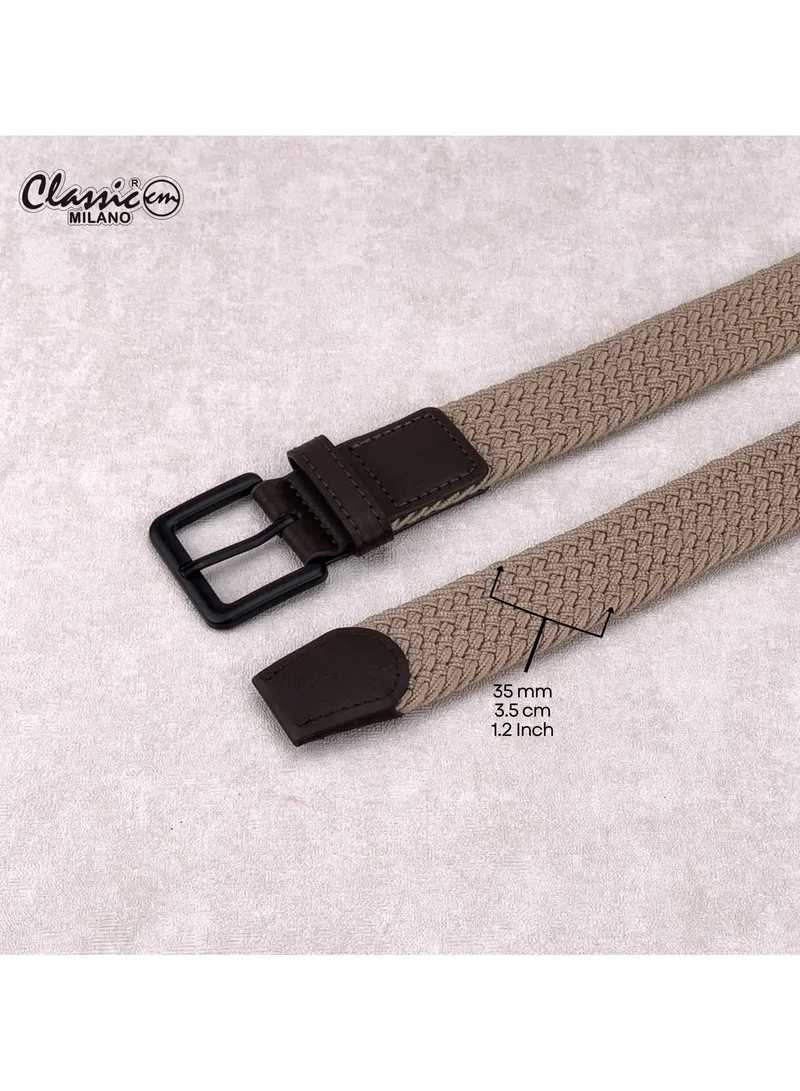 Classic Milano Beige (DWE-312) Classic Milano Braided Cotton Elastic Stretch Belt for Men & Women, Woven Canvas Web Belt with Gift Box, Adjustable Men's Belt | Full Length: 110CM (Free Size - Fits up to the waist of 40 Inches / 100 CM)  | Best Price UAE