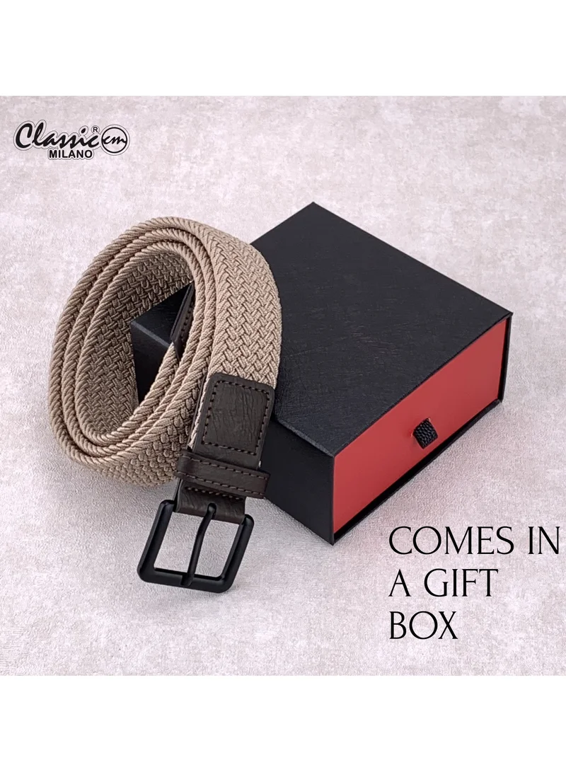 Classic Milano Beige (DWE-312) Classic Milano Braided Cotton Elastic Stretch Belt for Men & Women, Woven Canvas Web Belt with Gift Box, Adjustable Men's Belt | Full Length: 110CM (Free Size - Fits up to the waist of 40 Inches / 100 CM)  | Best Price UAE