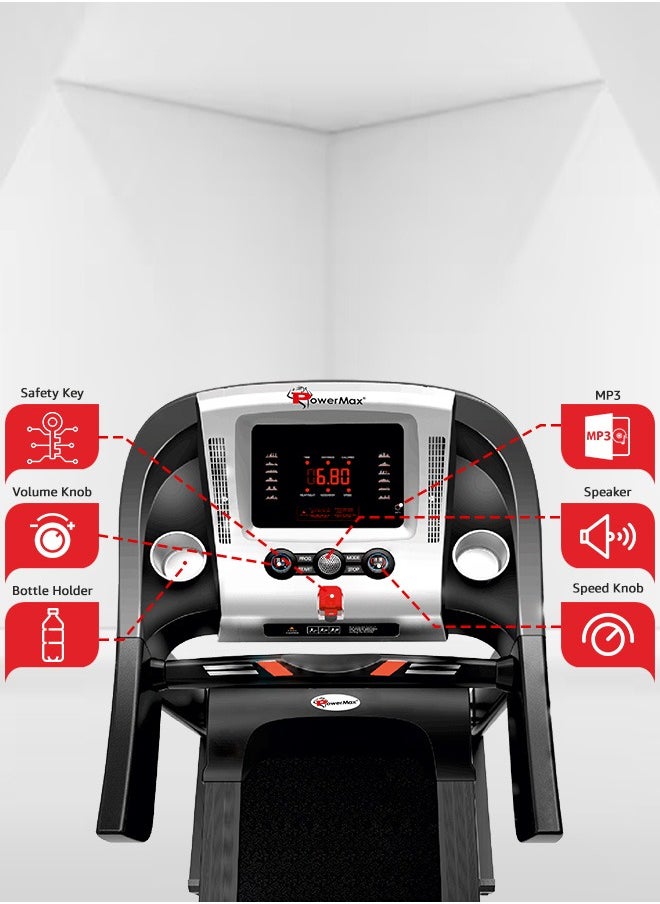 PowerMax Fitness - PowerMax Fitness TDM-100M (4HP Peak) Multi-Function Treadmill For Home Use With Massager |treadmill for 105Kg user weight| 6 Level Incline | Top Speed:14.8 Km/hr Spring Resistance | LED Display | AUX - Image 1