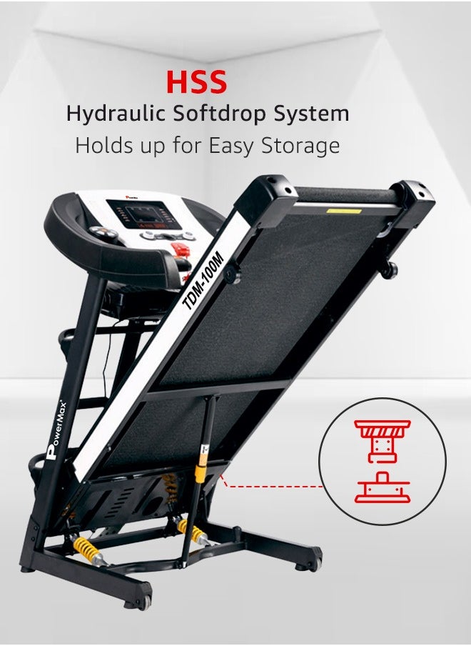 PowerMax Fitness - PowerMax Fitness TDM-100M (4HP Peak) Multi-Function Treadmill For Home Use With Massager |treadmill for 105Kg user weight| 6 Level Incline | Top Speed:14.8 Km/hr Spring Resistance | LED Display | AUX - Image 1