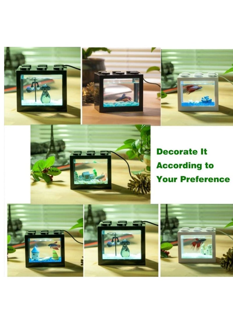 16 × 10.5 × 14 سم حوض أسماك صغير USB مع إضاءة LED مجموعة خزان أسماك بيتا قابلة للتكديس ملحقات وعاء السمك لتزيين السلحفاة والزواحف والروبيان والطحالب وسرطان البحر