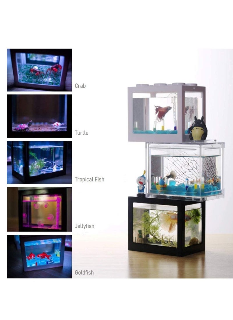 16 × 10.5 × 14 سم حوض أسماك صغير USB مع إضاءة LED مجموعة خزان أسماك بيتا قابلة للتكديس ملحقات وعاء السمك لتزيين السلحفاة والزواحف والروبيان والطحالب وسرطان البحر