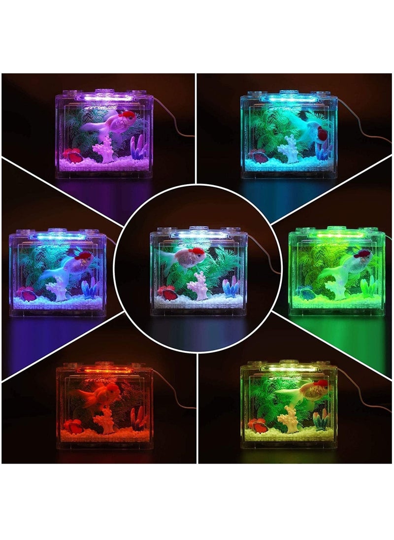 16 × 10.5 × 14 سم حوض أسماك صغير USB مع إضاءة LED مجموعة خزان أسماك بيتا قابلة للتكديس ملحقات وعاء السمك لتزيين السلحفاة والزواحف والروبيان والطحالب وسرطان البحر
