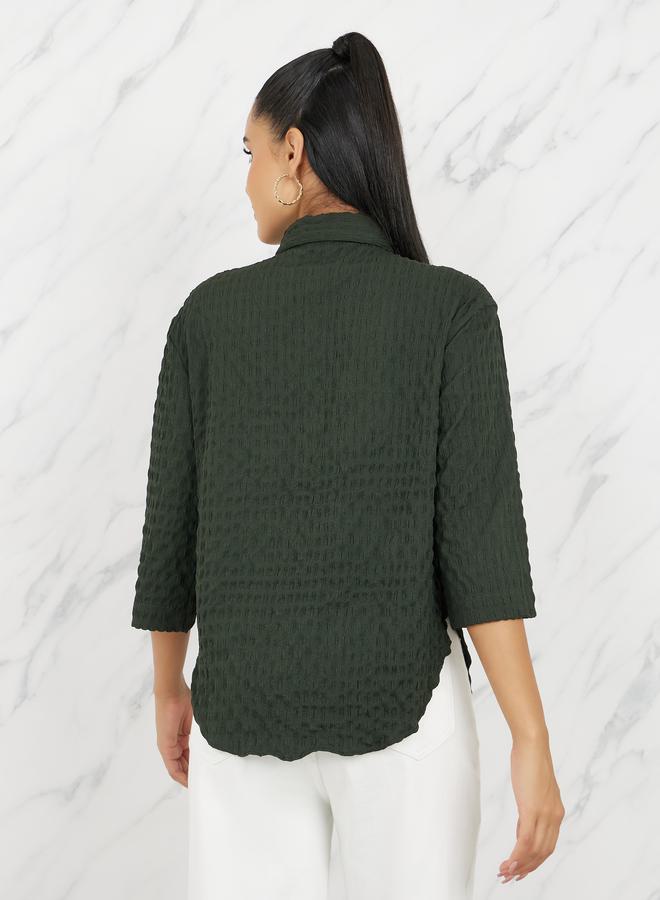 Styli Oversized Textured Curved Hem Shirt with Patch Detail - Image 4