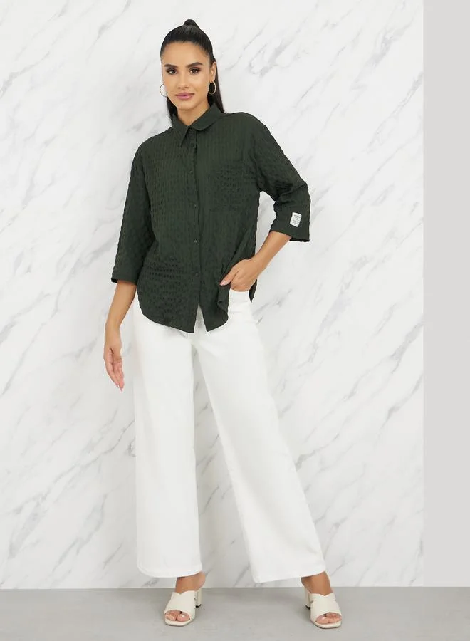 Styli Oversized Textured Curved Hem Shirt with Patch Detail