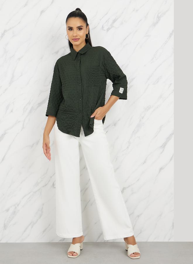 Styli Oversized Textured Curved Hem Shirt with Patch Detail - Image 2