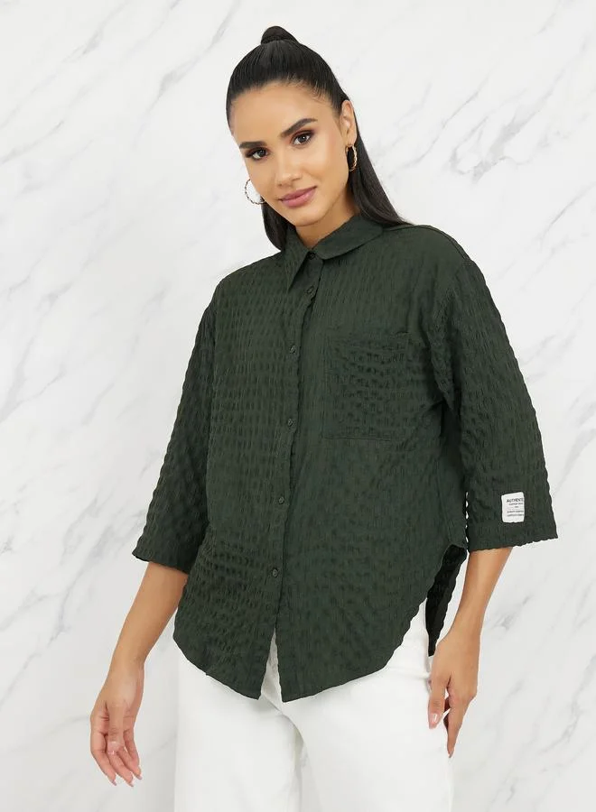 Styli Oversized Textured Curved Hem Shirt with Patch Detail