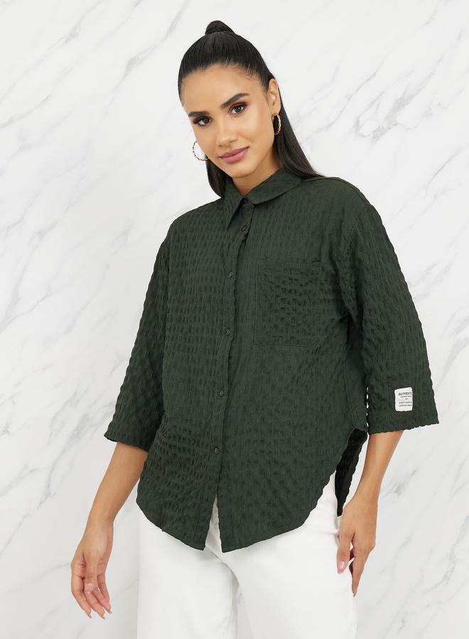 Styli Oversized Textured Curved Hem Shirt with Patch Detail - Image 1