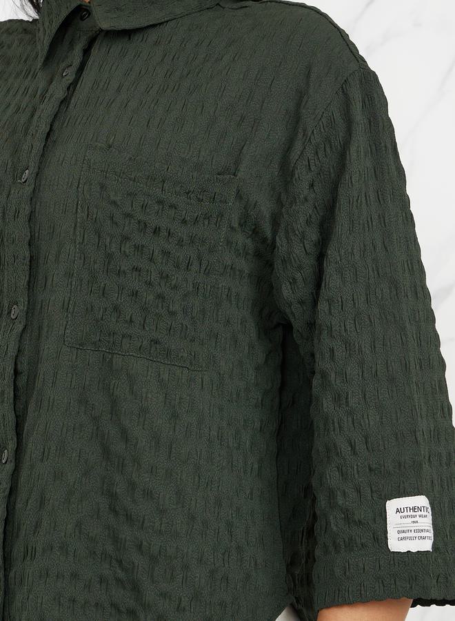 Styli Oversized Textured Curved Hem Shirt with Patch Detail - Image 3