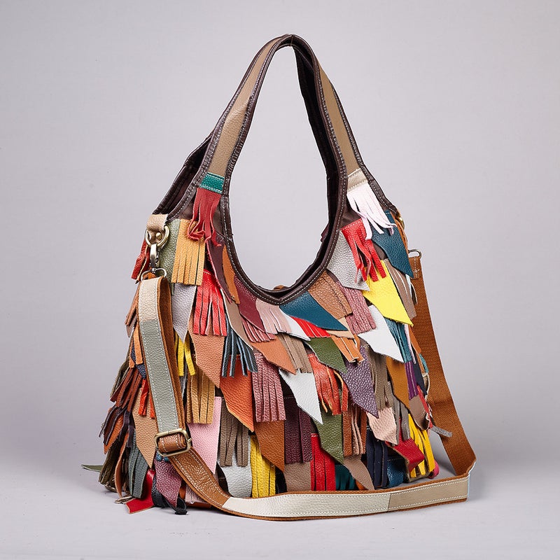 Design Colorful Women'S Bag First Layer Cowhide Tassel Contrasting Shoulder Bag Crossbody Women'S Bag Genuine Leather Women'S Bag - Image 3