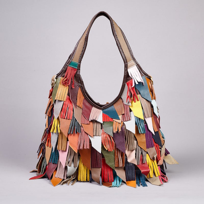 Design Colorful Women'S Bag First Layer Cowhide Tassel Contrasting Shoulder Bag Crossbody Women'S Bag Genuine Leather Women'S Bag - Image 2
