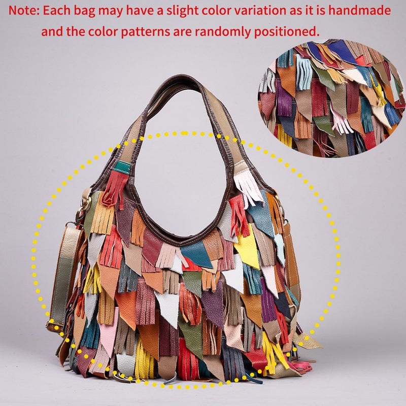 Design Colorful Women'S Bag First Layer Cowhide Tassel Contrasting Shoulder Bag Crossbody Women'S Bag Genuine Leather Women'S Bag - Image 1