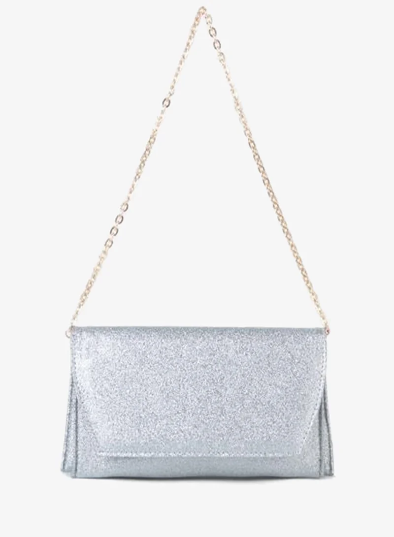 Women's Silver Glitter Envelope Design 2-Compartment Mini Chain Strap Snap Closure Clutch and Handbag.