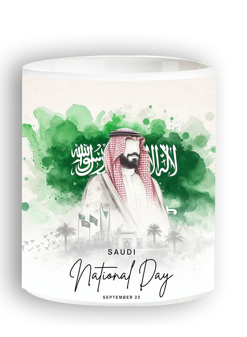 اليوم الوطني ، مج من السيراميك بطبعة تصميم لليوم الوطني السعودي بلون أبيض