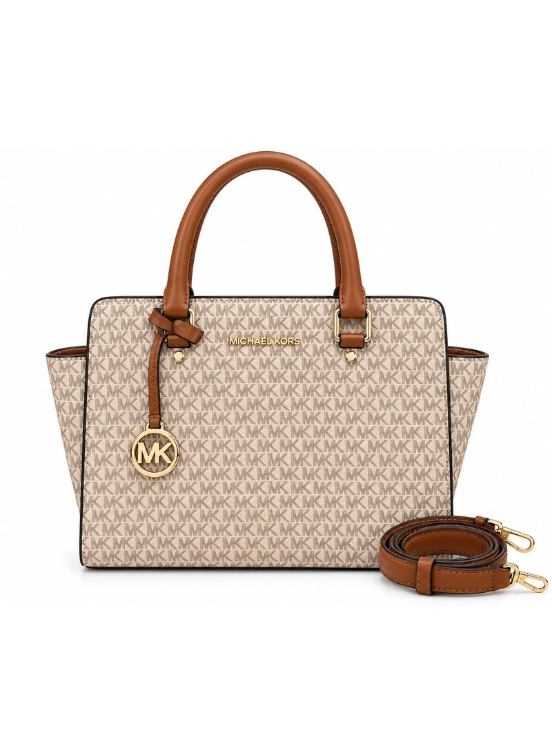 Michael Kors Women’s Monogram Tote Handbag with Detachable Shoulder Strap – Beige & Brown - Image 1