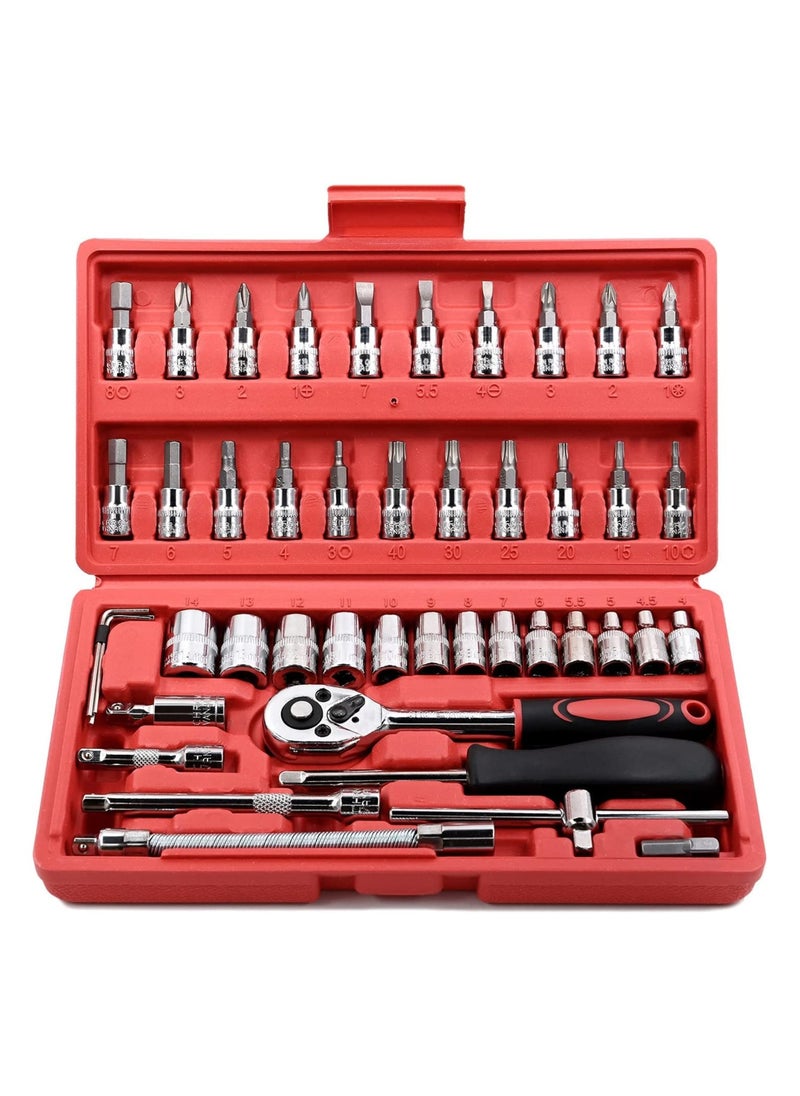 SYOSI 46 Pcs Drive Socket Ratchet Wrench Set with Bit Socket Metric and Extension Bar for Auto Repairing Automobile Motorcycle Hardware Tool Combination Suit Household with Storage Case  - Image 1
