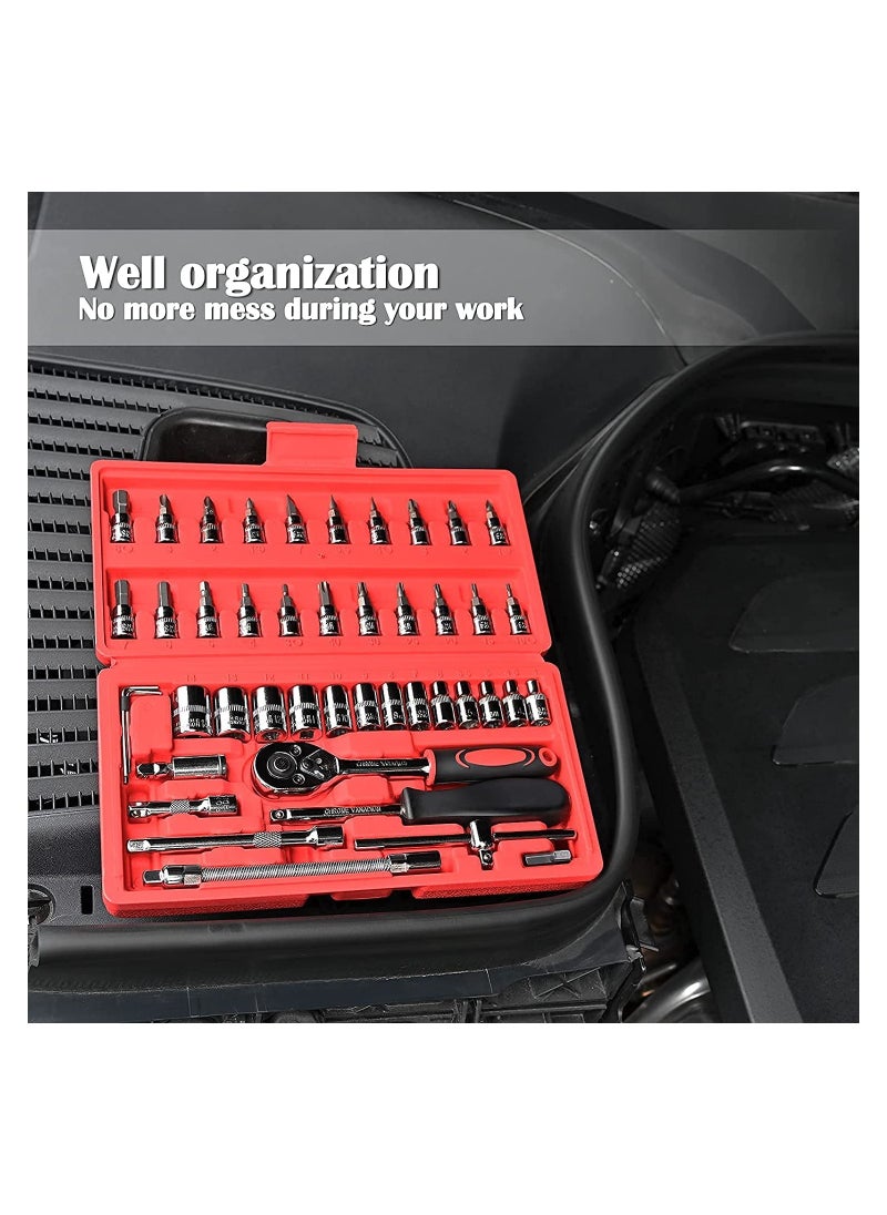 SYOSI 46 Pcs Drive Socket Ratchet Wrench Set with Bit Socket Metric and Extension Bar for Auto Repairing Automobile Motorcycle Hardware Tool Combination Suit Household with Storage Case  - Image 3