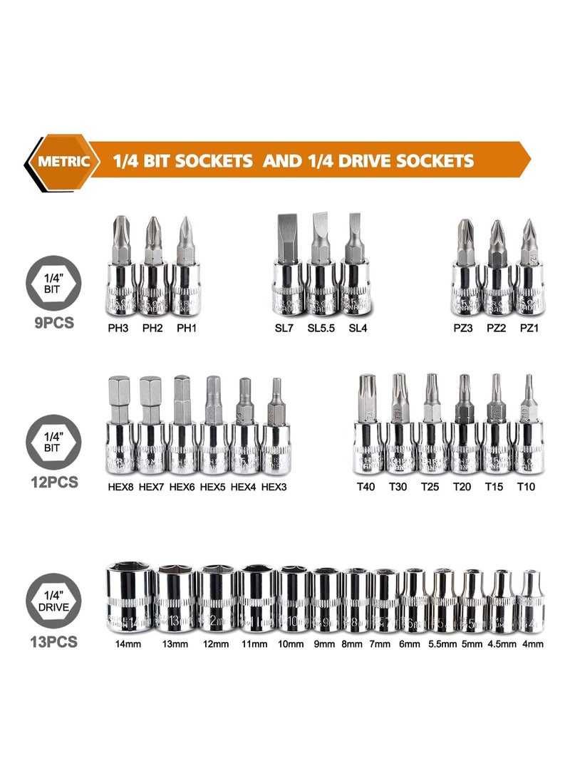 46 Pcs Drive Socket Ratchet Wrench Set with Bit Socket Metric and Extension Bar for Auto Repairing Automobile Motorcycle Hardware Tool Combination Suit Household with Storage Case