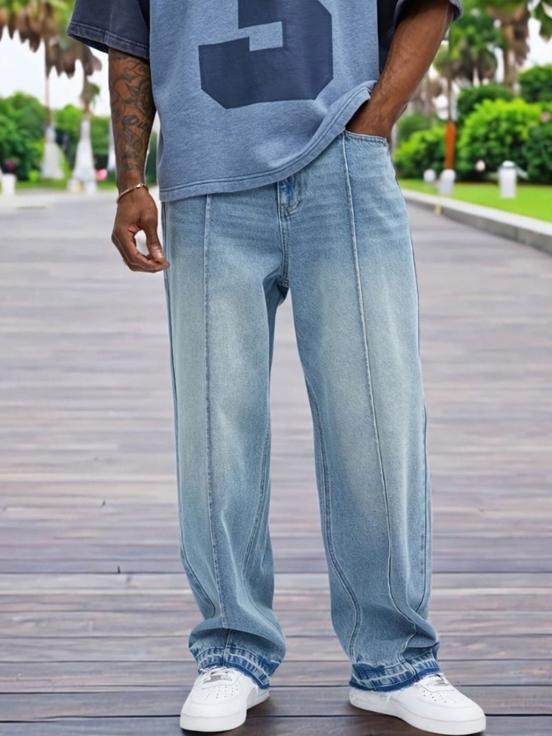 Men's Stretch Denim Pants, Light Blue, Spring\u002FSummer New Arrival, Washed Comfortable Versatile Jeans, Fashion Trendy Elastic Waistband, Solid Color Straight Leg Loose Fit - Image 3