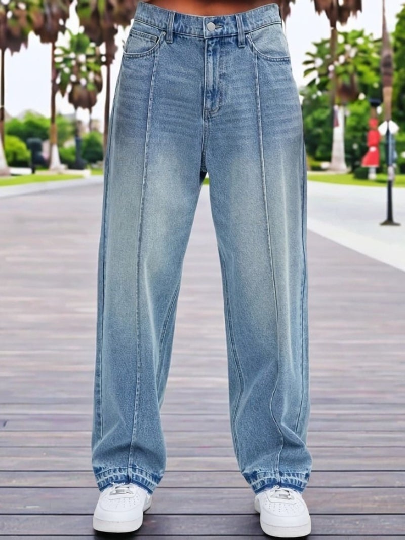 Men's Stretch Denim Pants, Light Blue, Spring\u002FSummer New Arrival, Washed Comfortable Versatile Jeans, Fashion Trendy Elastic Waistband, Solid Color Straight Leg Loose Fit - Image 4