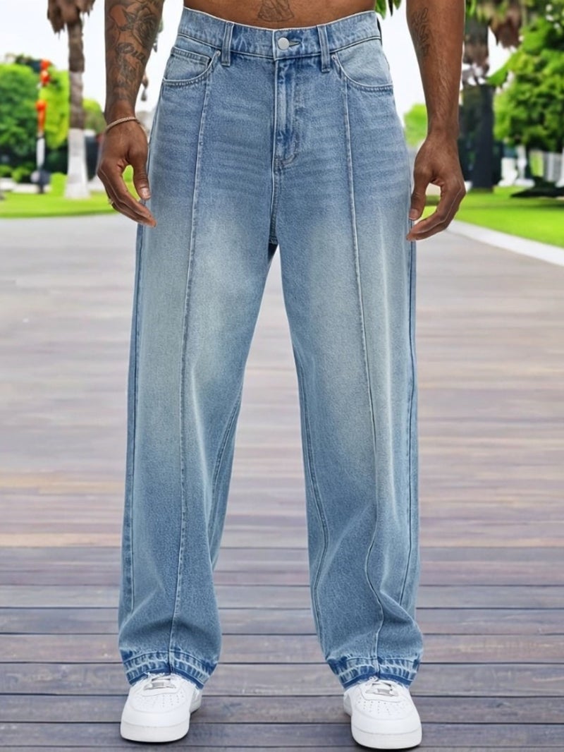 Men's Stretch Denim Pants, Light Blue, Spring\u002FSummer New Arrival, Washed Comfortable Versatile Jeans, Fashion Trendy Elastic Waistband, Solid Color Straight Leg Loose Fit - Image 2