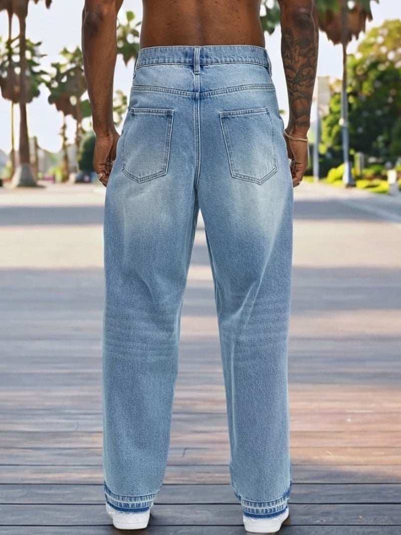 Men's Stretch Denim Pants, Light Blue, Spring\u002FSummer New Arrival, Washed Comfortable Versatile Jeans, Fashion Trendy Elastic Waistband, Solid Color Straight Leg Loose Fit - Image 5