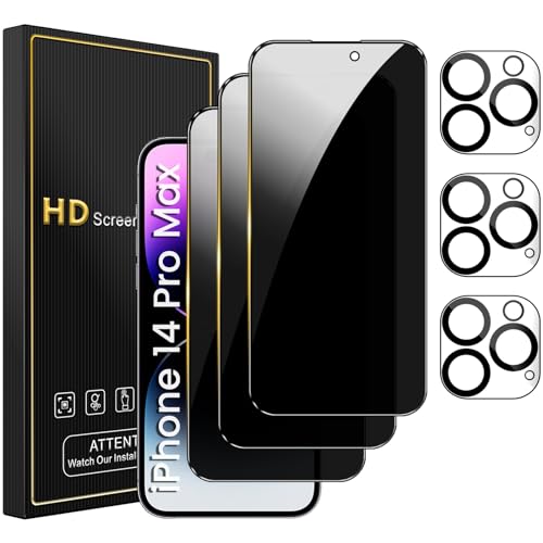 Romkasi 3 Pack Privacy Screen Protector for iPhone 14 Pro Max 67 Inch with 3 Pack Camera Lens Protector Anti Spy Tempered Glass Film AntiScratch Touch Sensitive Case Friendly - Image 1