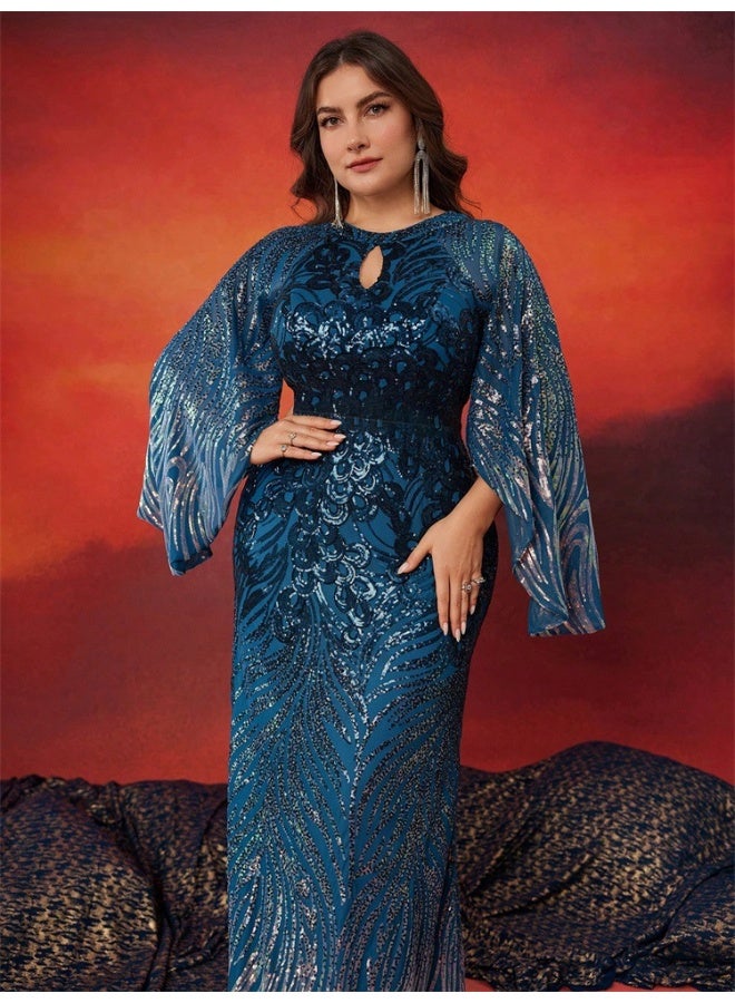 Elegant Blue Gradient Sequin Gown, Flared Sleeves & Mermaid Silhouette, Formal Evening Dress