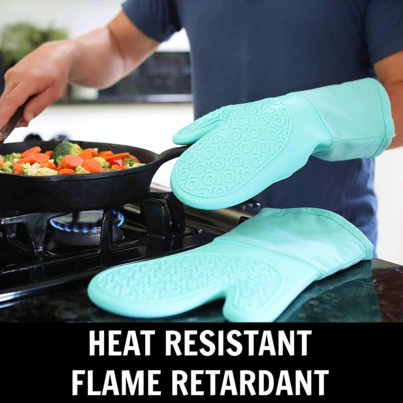 HOMWE BPA-Free Soft Silicone 4 Piece Oven Mitts & Trivets Set - Ultra Heat Resistant Oven Mitts with Thick Cotton Liner - Long Slip Resistant Pot Holders, Flexible Oven Gloves - Aqua - Image 2