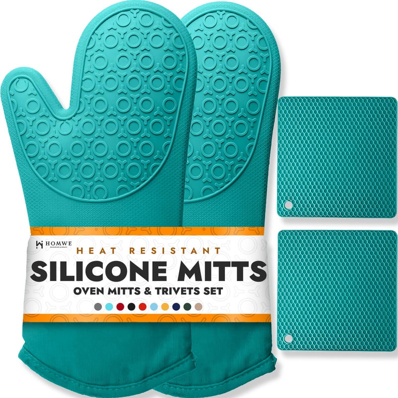HOMWE BPA-Free Soft Silicone 4 Piece Oven Mitts & Trivets Set - Ultra Heat Resistant Oven Mitts with Thick Cotton Liner - Long Slip Resistant Pot Holders, Flexible Oven Gloves - Aqua - Image 1