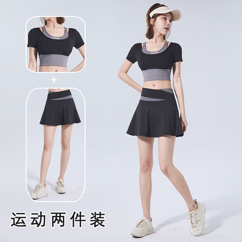 Generic Color-Block Quick-Dry Yoga Fitness Suit Xingyao black [short sleeve] + Xingyao black [short skirt]]