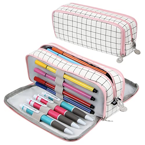 Chelory Big Capacity Pencil Case Large Storage Pencil Bag Pouch Marker 3 Compartment Stationery Pen Cases Holder for Adults Office Organizer Gifts (Plaid White) - Image 3