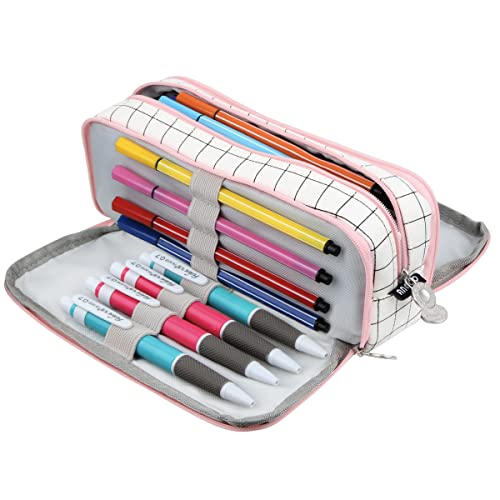 Chelory Big Capacity Pencil Case Large Storage Pencil Bag Pouch Marker 3 Compartment Stationery Pen Cases Holder for Adults Office Organizer Gifts (Plaid White) - Image 1