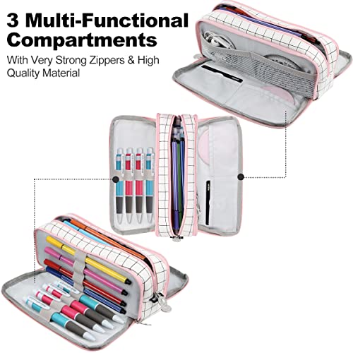 Chelory Big Capacity Pencil Case Large Storage Pencil Bag Pouch Marker 3 Compartment Stationery Pen Cases Holder for Adults Office Organizer Gifts (Plaid White) - Image 4